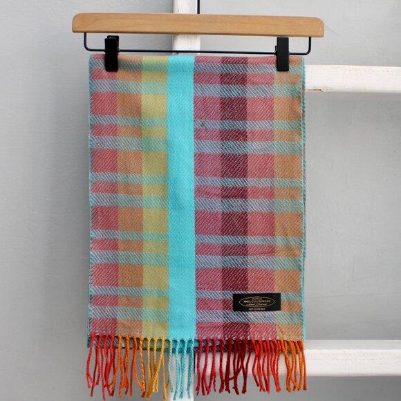 Cashmere Made in Germany Multicolor Colorful Plaid Neck Scarf With Fringe - Picture 1 of 4